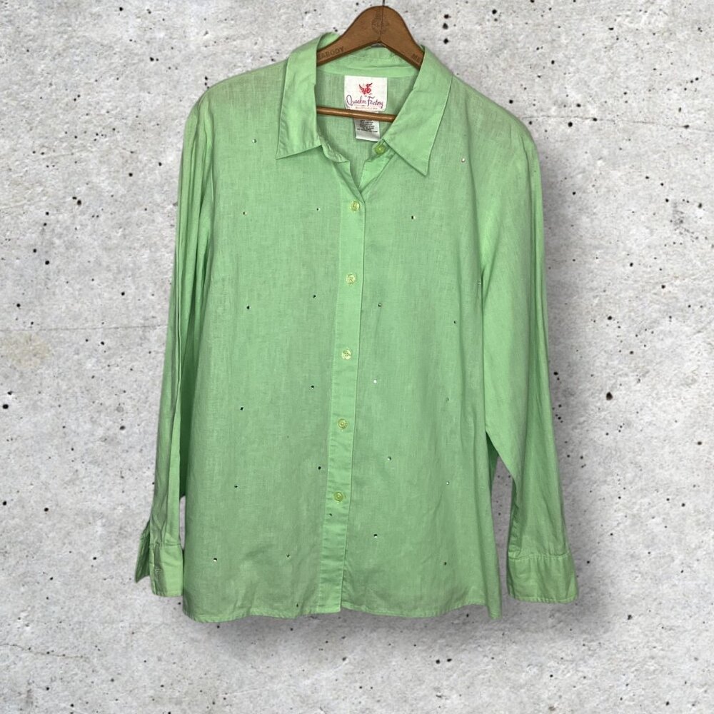Quacker Factory Large L Lime Green Linen‎ Blend Rhinestone Embellished Shirt Top